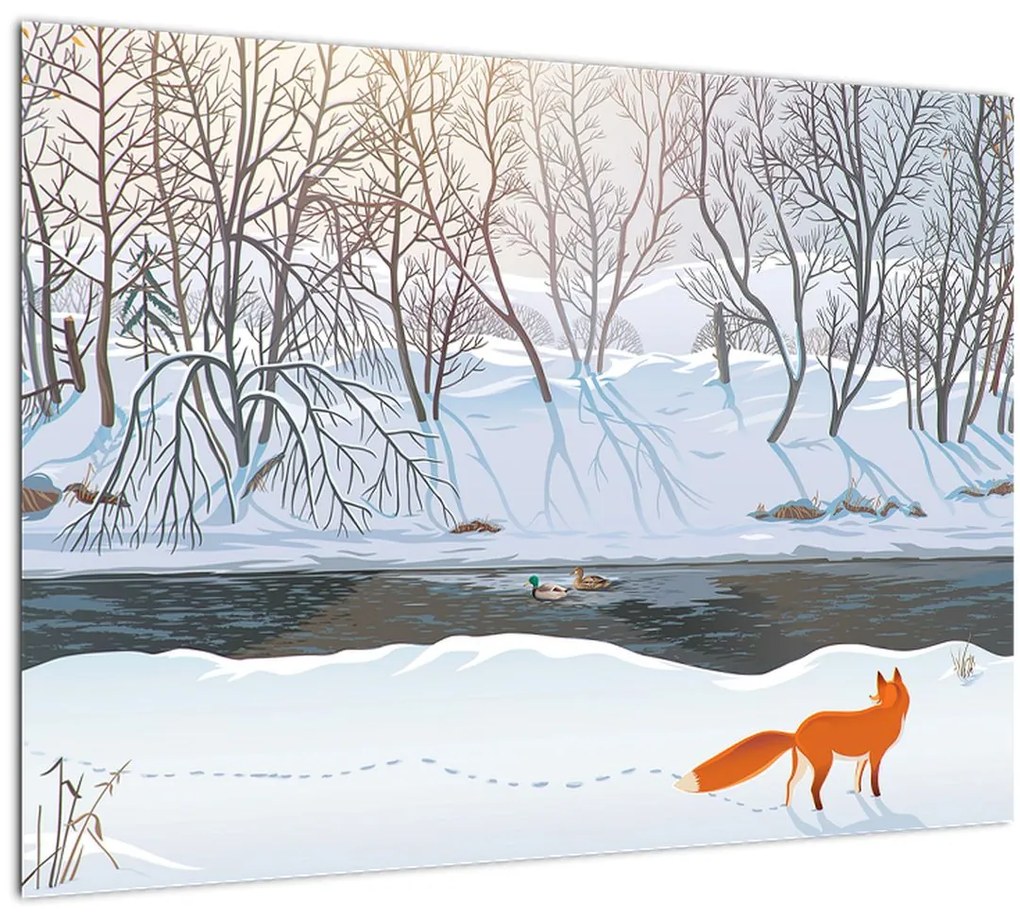 Sklenený obraz - Líška v zimnej krajine (70x50 cm)