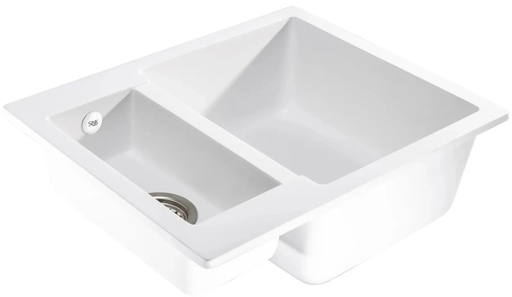Sink Quality Ferrum, kuchynský granitový drez 605x495x210 mm + chrómový sifón, biela, SKQ-FER.W.5KBO.X