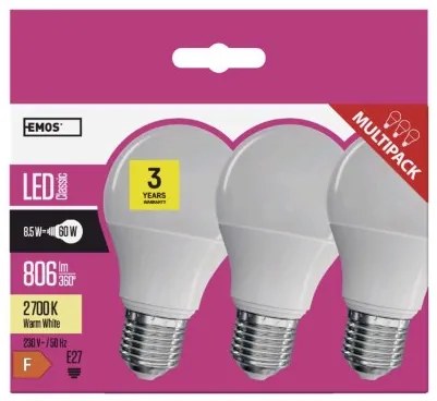 EMOS Súprava LED žiaroviek, E27, 9W, teplá biela, 3ks