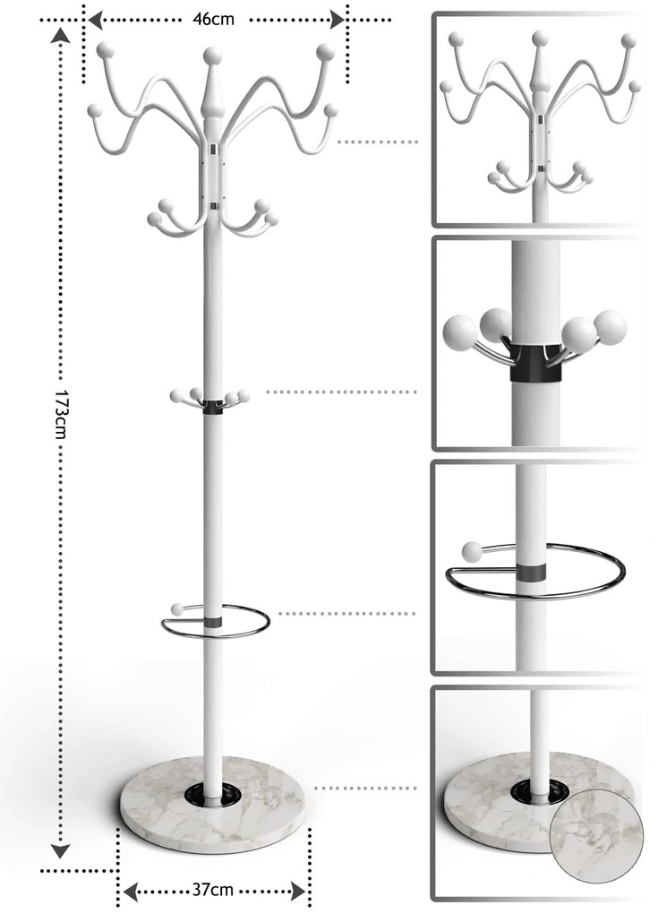 Casaria Stojanový vešiak TENZY s mramorovým podstavcom, 37x173cm, biela