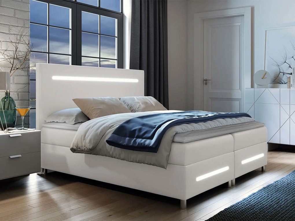 Kontinentálna posteľ Trunida LED, Rozmer postele: 160x200, Dostupné poťahy: ekokoža Soft 017 (biela)