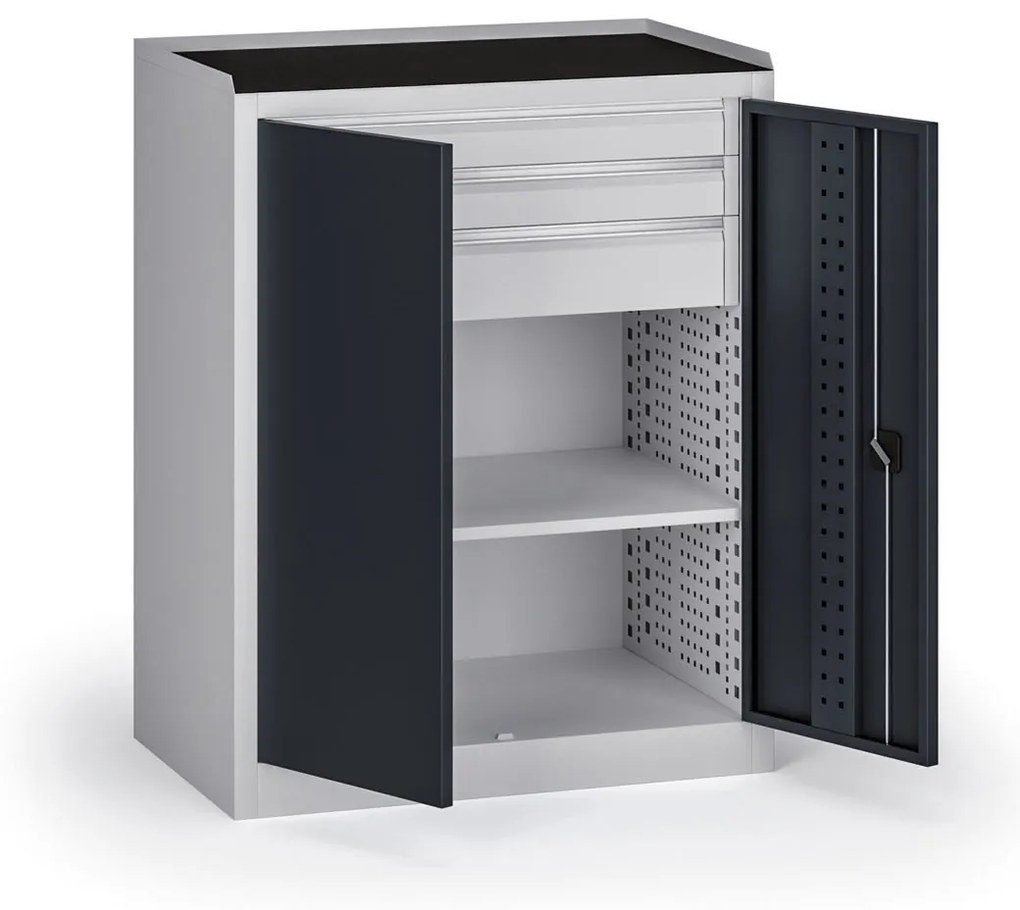 Dielenská skriňa nízka na náradie KOVOS, 1 police, 3 zásuvky, 950 x 600 x 1180 mm, grafit