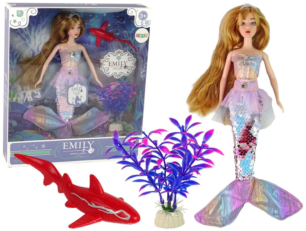 Lean Toys Bábika Emily - Morská panna so žralokom a doplnkami