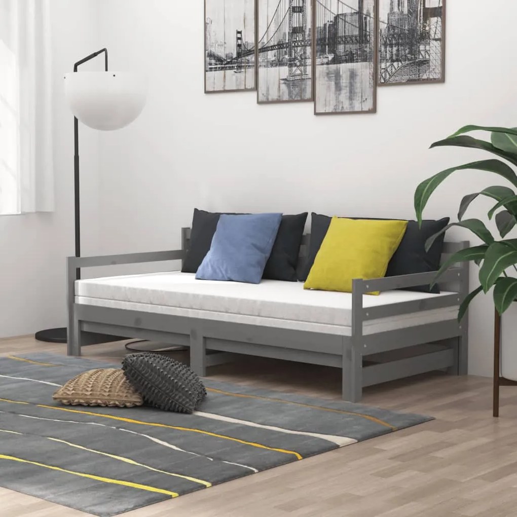 Rozkladacia denná posteľ 2x(90x200) cm, sivá, borovicový masív