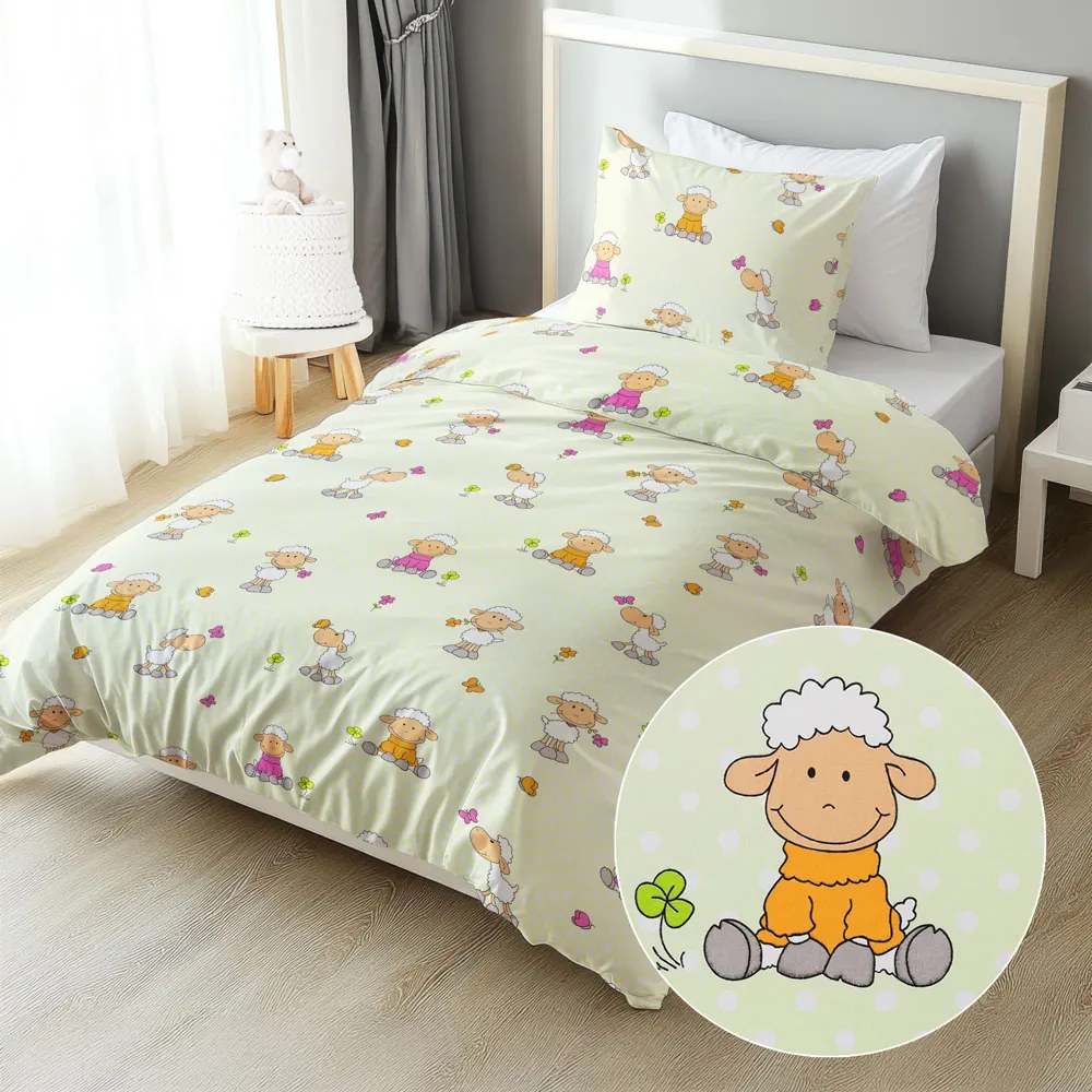 Biante Detské bavlnené posteľné obliečky Sandra SA-729 Veselé ovečky na svetlo zelenom bodkovanom Jednolôžko 140x200 a 70x90 cm