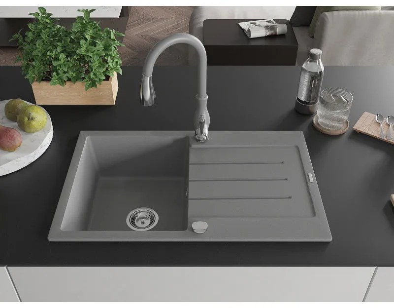 Mexen Bruno, 1-komorový granitový drez 795x495x200 mm a drezová batéria Savita, šedá, 6513-71-672601-71