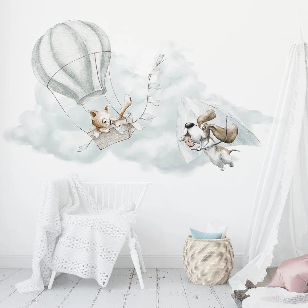 Gario Detská nálepka na stenu Adventure in the sky - mačka v balóne a psík na rogale Rozmery: 150 x 83 cm