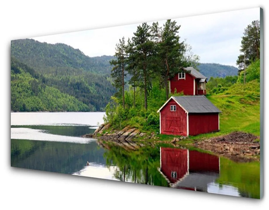 Obraz na skle Hory dom jazero príroda 120x60 cm