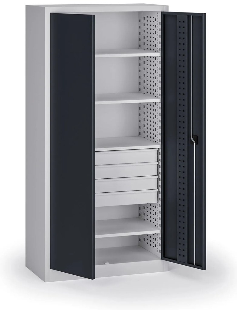 Policová dielenská skriňa 2-dverová, 4 police + 4 zásuvky, 1950 × 950 × 500 mm, grafitové dvere