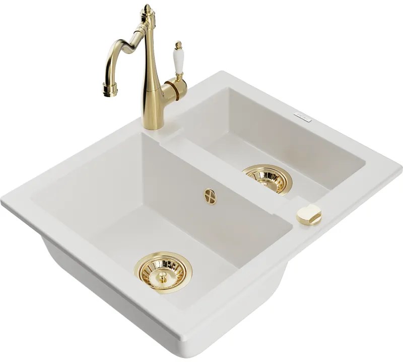 Mexen Carlos, granitový drez 582x475x177 mm, 1,5-komorový a drezová batéria Carla, biela, 6518-20-670700-50