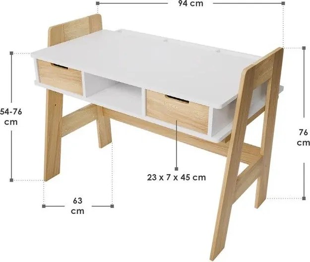 Detský písací stôl biely, výškovo nastaviteľný, úložný pries