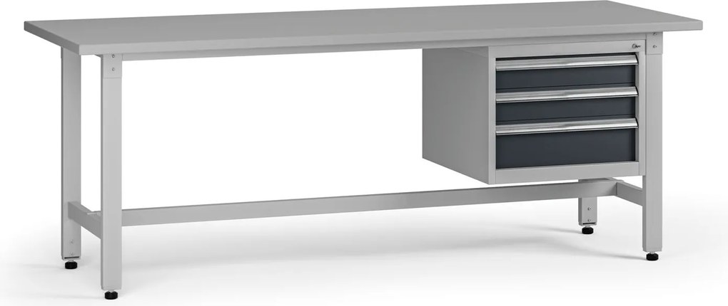 Výškovo nastaviteľný dielenský stôl G5, 2100 x 750 x 800-1000 mm, 1x kontajner, 3 zásuvky, grafit
