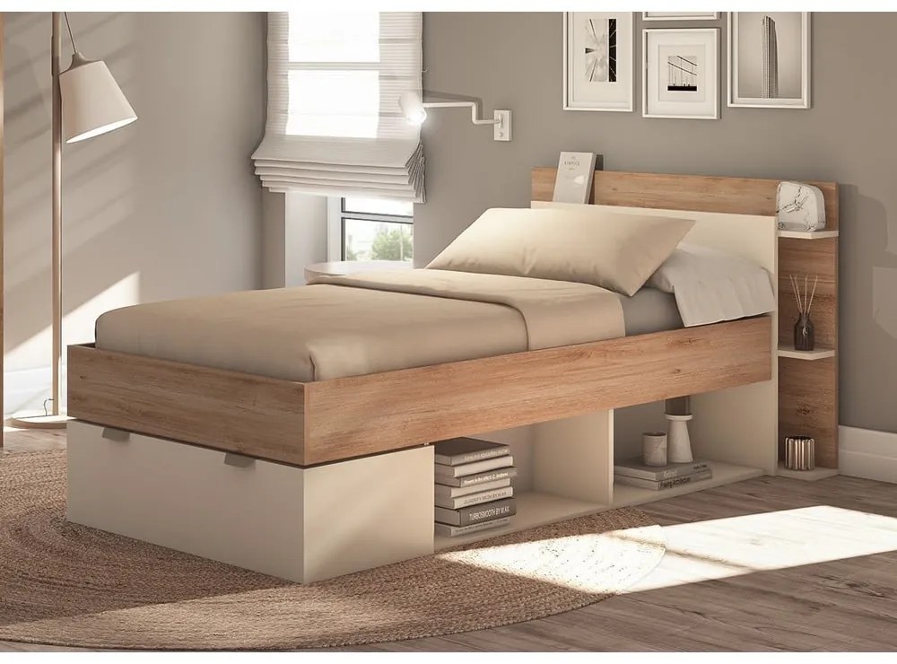 Jednolôžková posteľ v dekore duba s úložným priestorom bez roštu v bielo-prírodnej farbe 90x200 cm Albo – Marckeric
