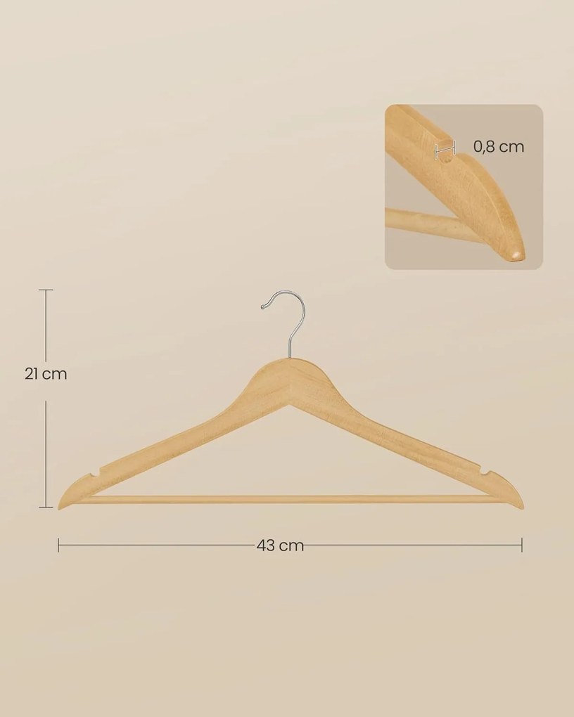 Drevené vešiaky, balenie 30 kusov, otočné háčiky, prírodná farba