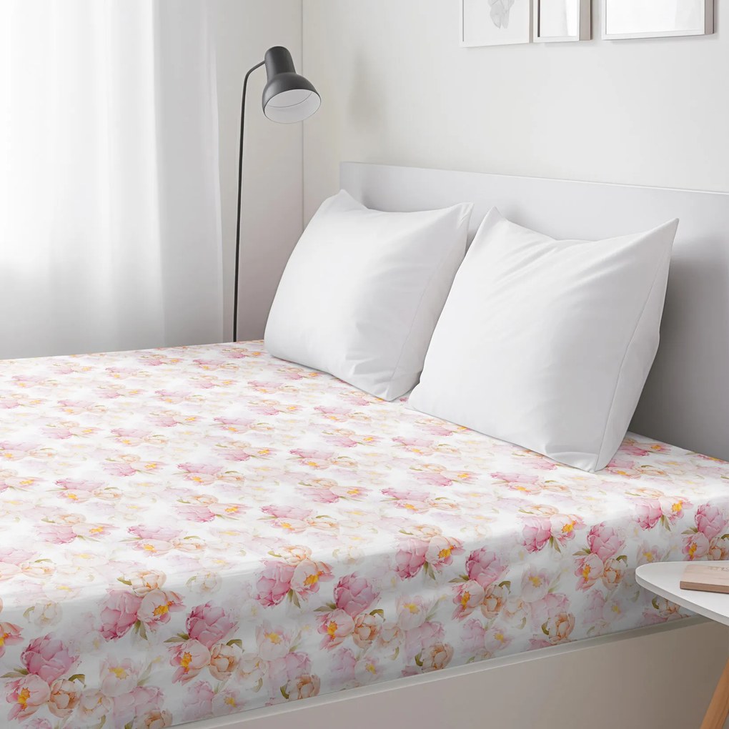 Goldea bavlnená napínacia plachta deluxe - kvitnúce kvety pivoniek 90 x 200 cm