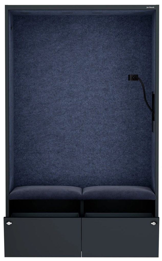Kancelárska akustická kabína so sedadlom a portom USB-C, telo v antracitovej farbe / sedadlo v tmavomodrá farbe, 1150 mm: SALLY MentalBox