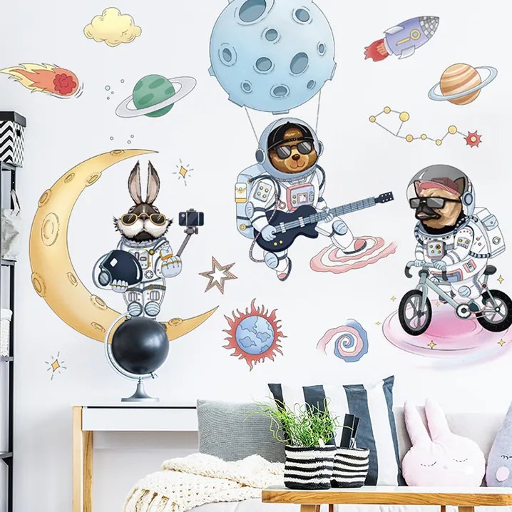 PIPPER | Samolepka na stenu "Zvieratká - astronauti 2" 89x89cm