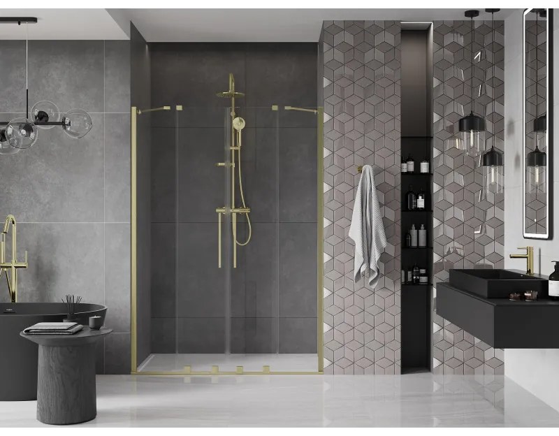 Mexen Velar Duo, posuvné dvere do otvoru 150x200 cm, 8mm číre sklo, zlatá matná, 871-150-000-02-55
