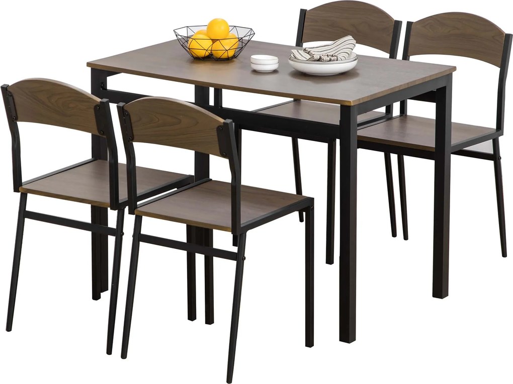 HOMCOM 5-dielna jedálenská sada s 1 obdĺžnikovým stolom 100x63x76,5 cm a 4 stoličkami 45x40x82 cm, v kovovej a MDF konštrukcii, čierna a hnedej | Aoso