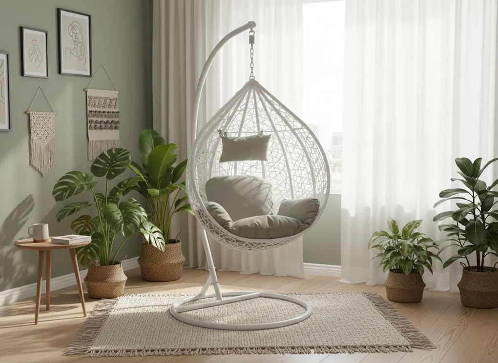 CH BIELA ZÁVESNÁ STOLIČKA, VANKÚŠ – ŠEDÝ, RÁM – BIELY 118X107XD68CM