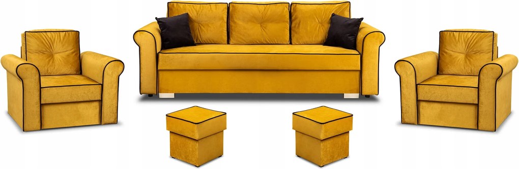 Štýlová Sada Do Obývacej Izby Pohovka 2x Kreslo A 2x Podnožka Merida Žltá