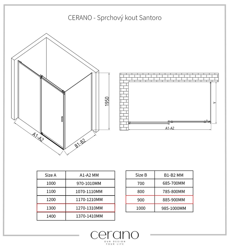 Cerano Lantono, sprchovací kút s posuvnými dverami 130(dvere) x 90(stena) x 195 cm, 8mm číre sklo, čierny profil, CER-CER-431512