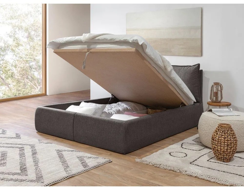 Tmavosivá čalúnená dvojlôžková posteľ s úložným priestorom a roštom 160x200 cm Garancia – Bobochic Paris