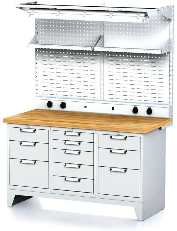 Alfa 3 Dielenský stôl MECHANIC I, perfopanel, polica, el. zásuvky, osvetlenie, 1x 5 a 2x 3 zásuvkový box na náradie, 11 zásuviek, sivé