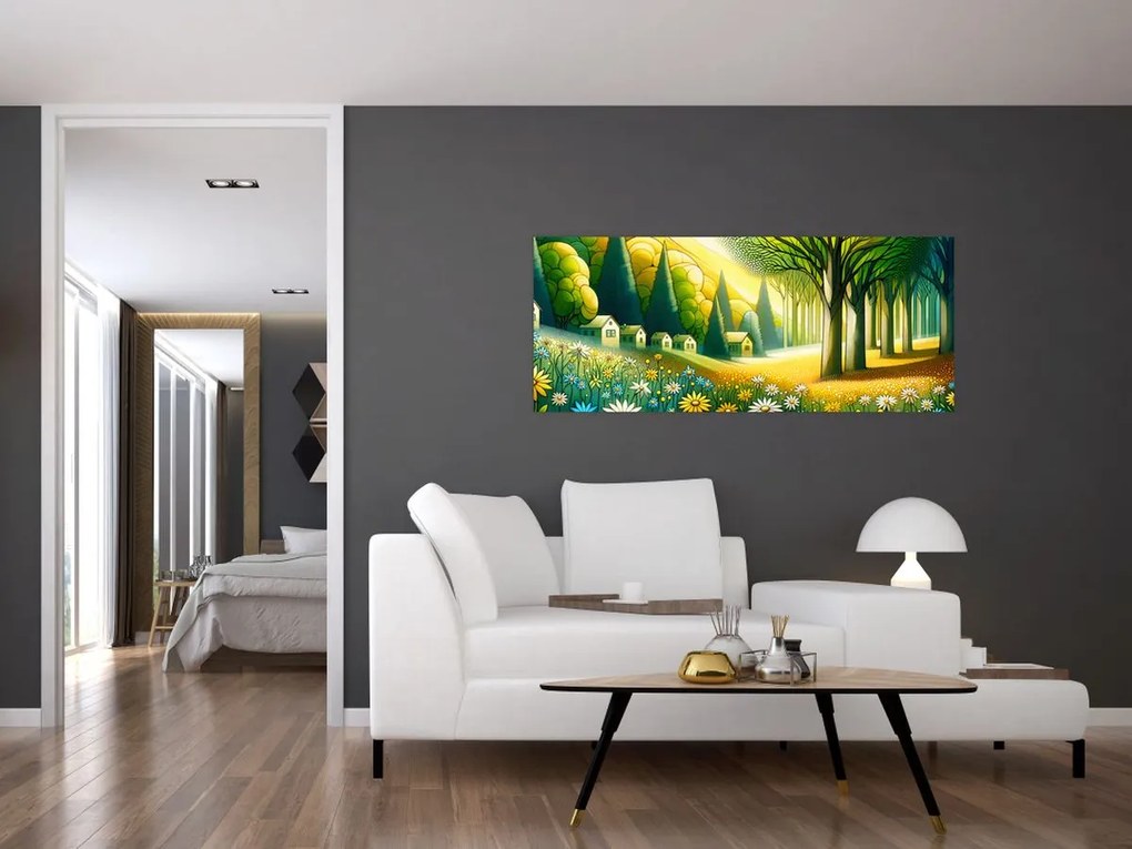 Obraz - Dedina v žlto-zelenej (120x50 cm)
