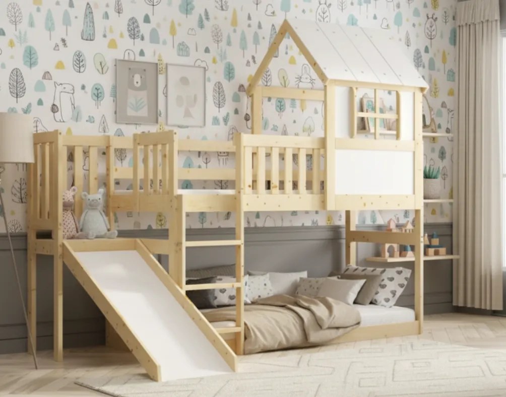 Detská poschodová posteľ ANTRESOLA domček | biela 90 x 200 cm