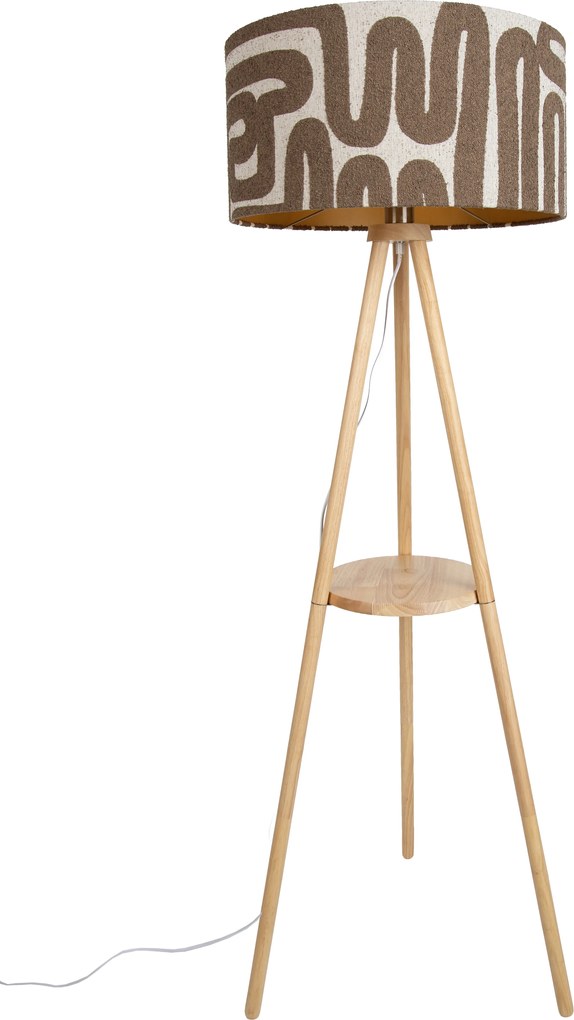Stojacia lampa s trojnožkou drevená s pruhovaným béžovým a hnedým tienidlom 50cm - Lou