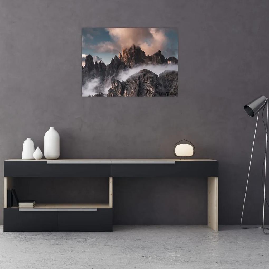 Sklenený obraz - Talianske dolomity schované v hmle (70x50 cm)