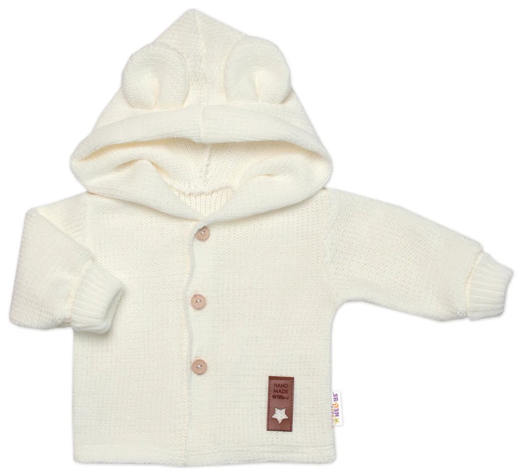Elegantný pletený svetrík s gombíkmi a kapucňou s uškami Baby Nellys, ecru 56 (1-2m)