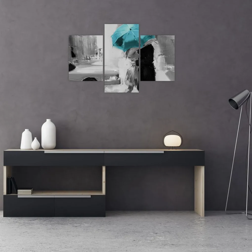 Obraz - Zamilovaný pár s dáždnikom, modrý (90x60 cm)