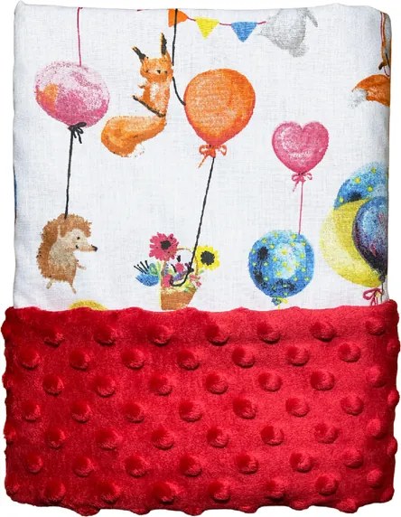 Deka Zvieratká na balónikoch/minky červená 60x70 cm – detská deka s veselým motívom