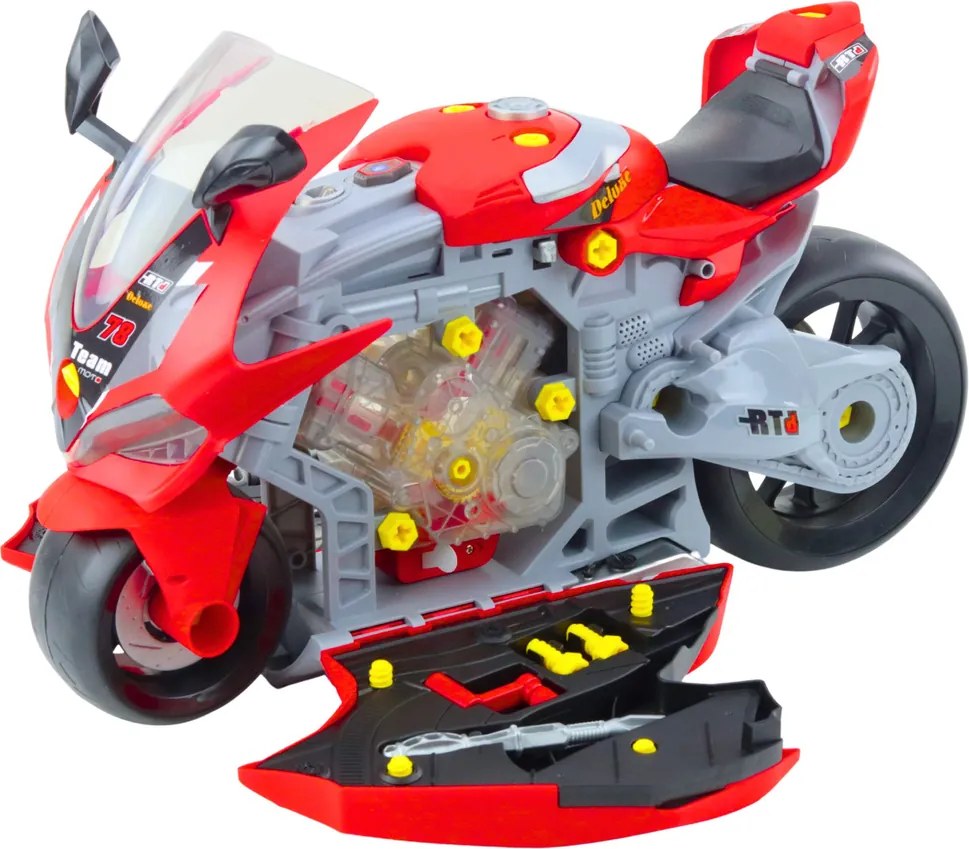 LEAN Toys Motocykel 2v1 DIY dielenské svetlá Zvuky Dym Červená 43cm