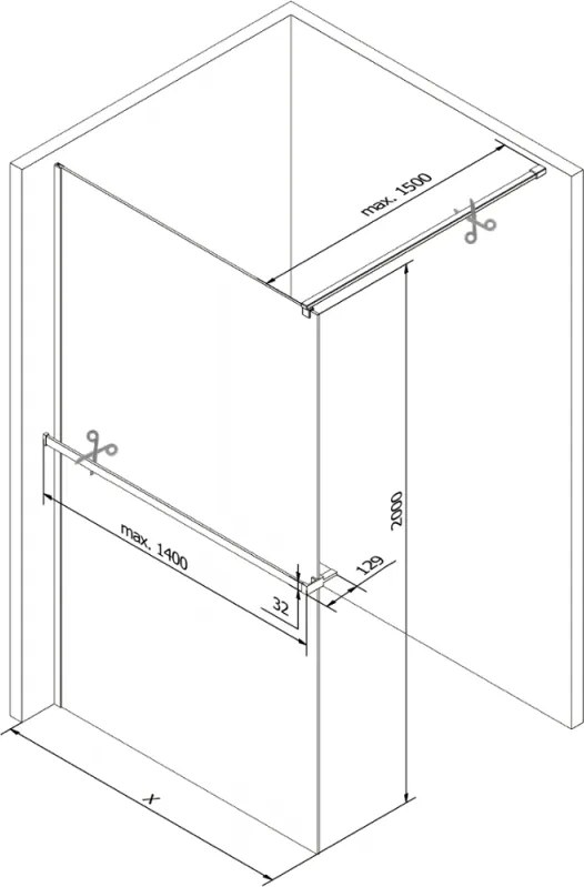 Mexen Kioto+, sprchová zástena Walk-In s poličkou a vešiakom 105 x 200 cm, 8mm číre sklo, grafitový profil, 800-105-121-95-00