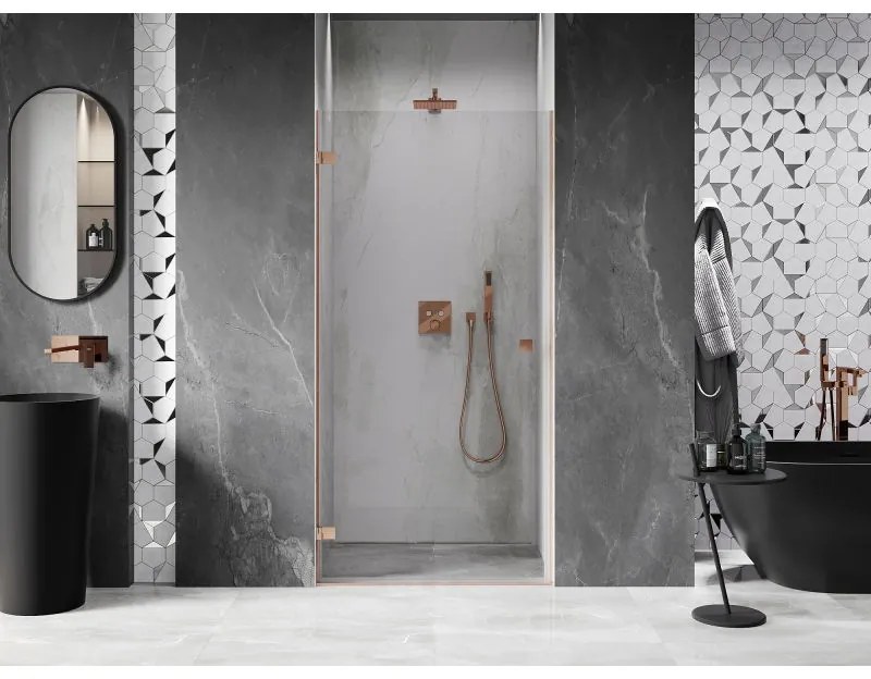 Mexen Lunar-B, Otočné ľavé sprchové dvere 80 cm, 8mm číre sklo, medený matný profil, 832-080-000-65-00-L