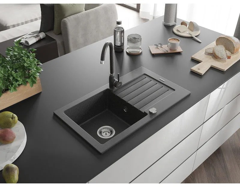 Mexen Pablo, 1-komorový granitový drez s odkvapkávačom 75x44 cm a kuchynskou batériou Telma, čierna-škvrnitá, 6510-76-670200-76