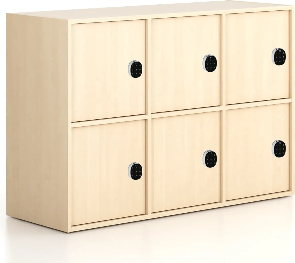 Kancelárska skriňa FRAME, nízka, 6x dvere, 1299 x 450 x 881 mm, kódový zámok, breza