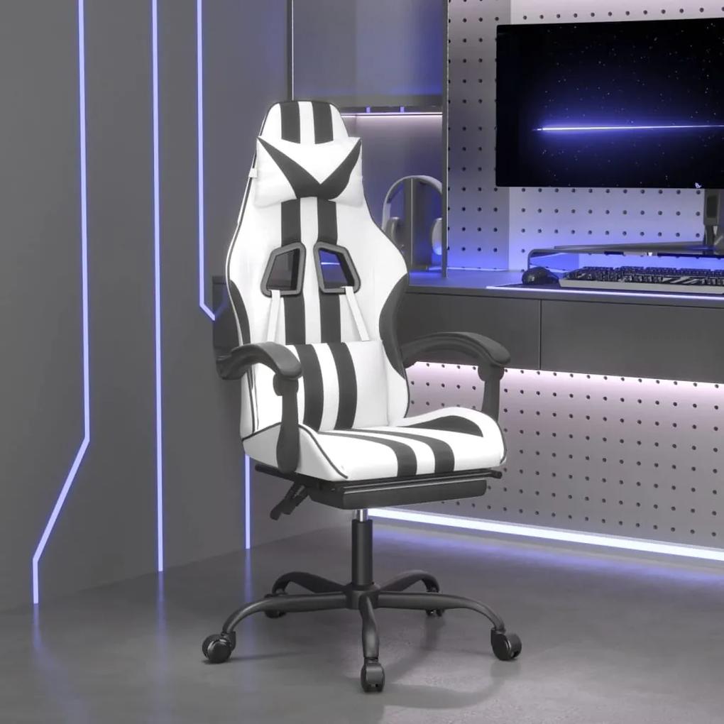 Otočná herná stolička s podnožkou biela a čierna umelá koža 349541