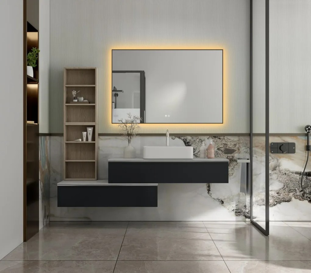 Erga Megan, LED zrkadlo 80x80cm v čiernom ráme, 2415 lm, 3 farby svetla, zadné osvetlenie, ERG-V01-MEGAN-8080-BK