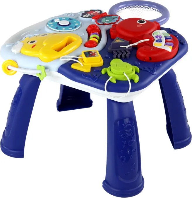 LEAN Toys Edukačný stôl 2v1 s loptičkami a košom – morské zvieratá, piano, hodiny