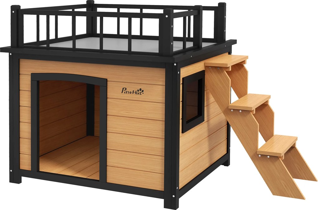 PawHut Psia búda s balkónom, vyvýšená búda pre domácich miláčikov so schodmi, oknom, psia jaskyňa pre malých a stredných psov, borovicové drevo, žltá,