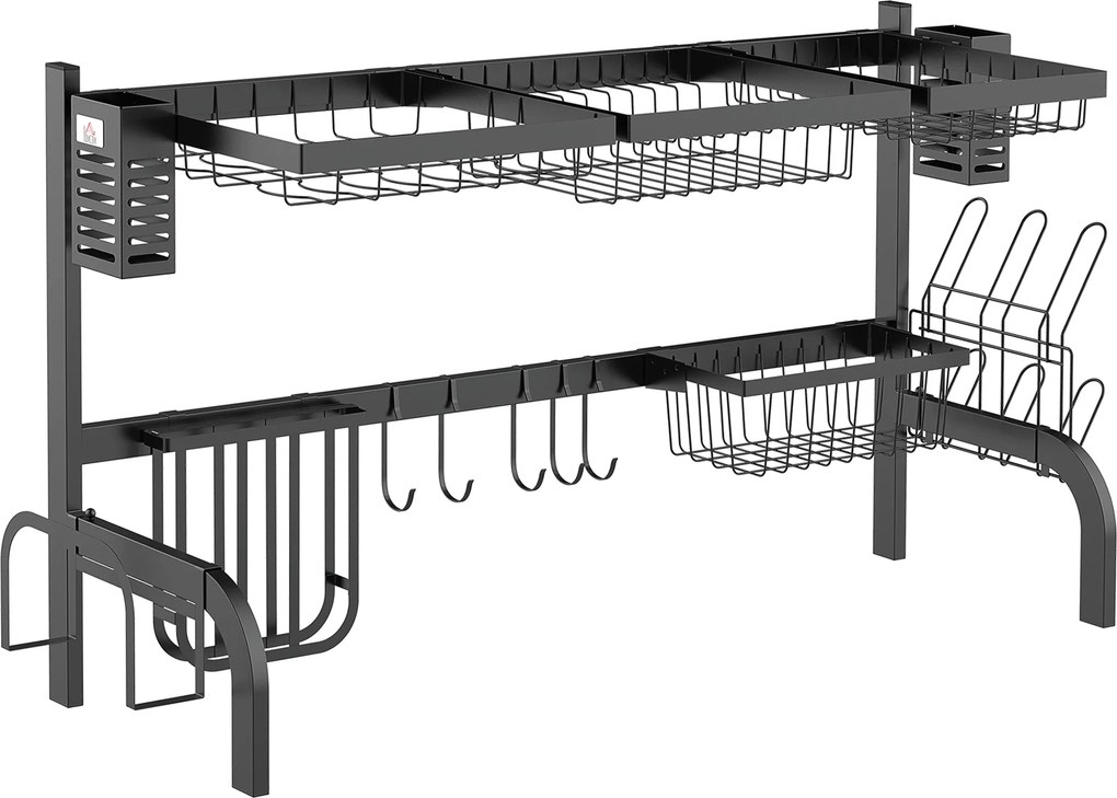HOMCOM Sušiak na riad, 2-police s háčikmi, stojan na taniere, doplnky, 100 cm sušiak na riad pre kuchynský drez, oceľ, čierny | Aosom