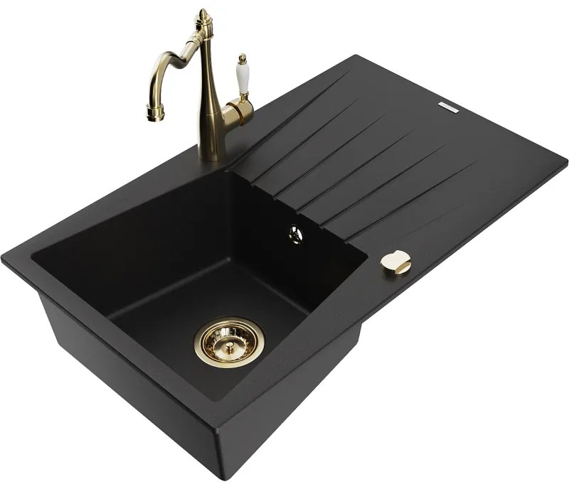 Mexen Cesar, 1-komorový granitový drez 775x470x190 mm a drezová batéria Carla, čierna, 6514-77-670700-50