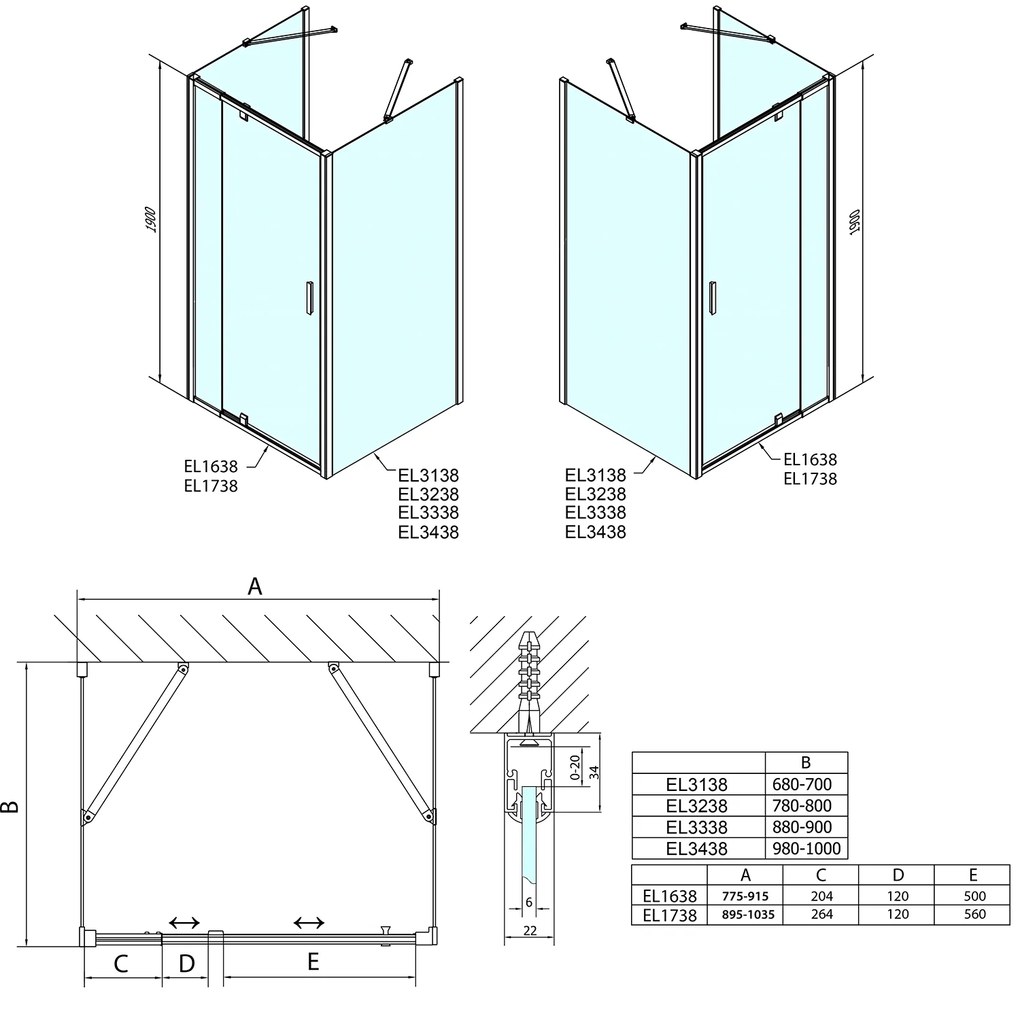 Polysan, EASY LINE sprchový kout tri steny 900-1000x700mm, pivot dvere L/P varianta, Brick sklo, EL1738EL3138EL3138