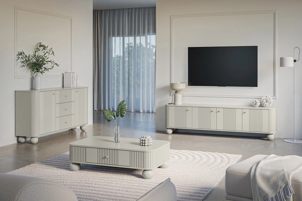 TV skrinka Vesper 4D 187 cm - kašmír / zlaté úchytky / guľové nohy