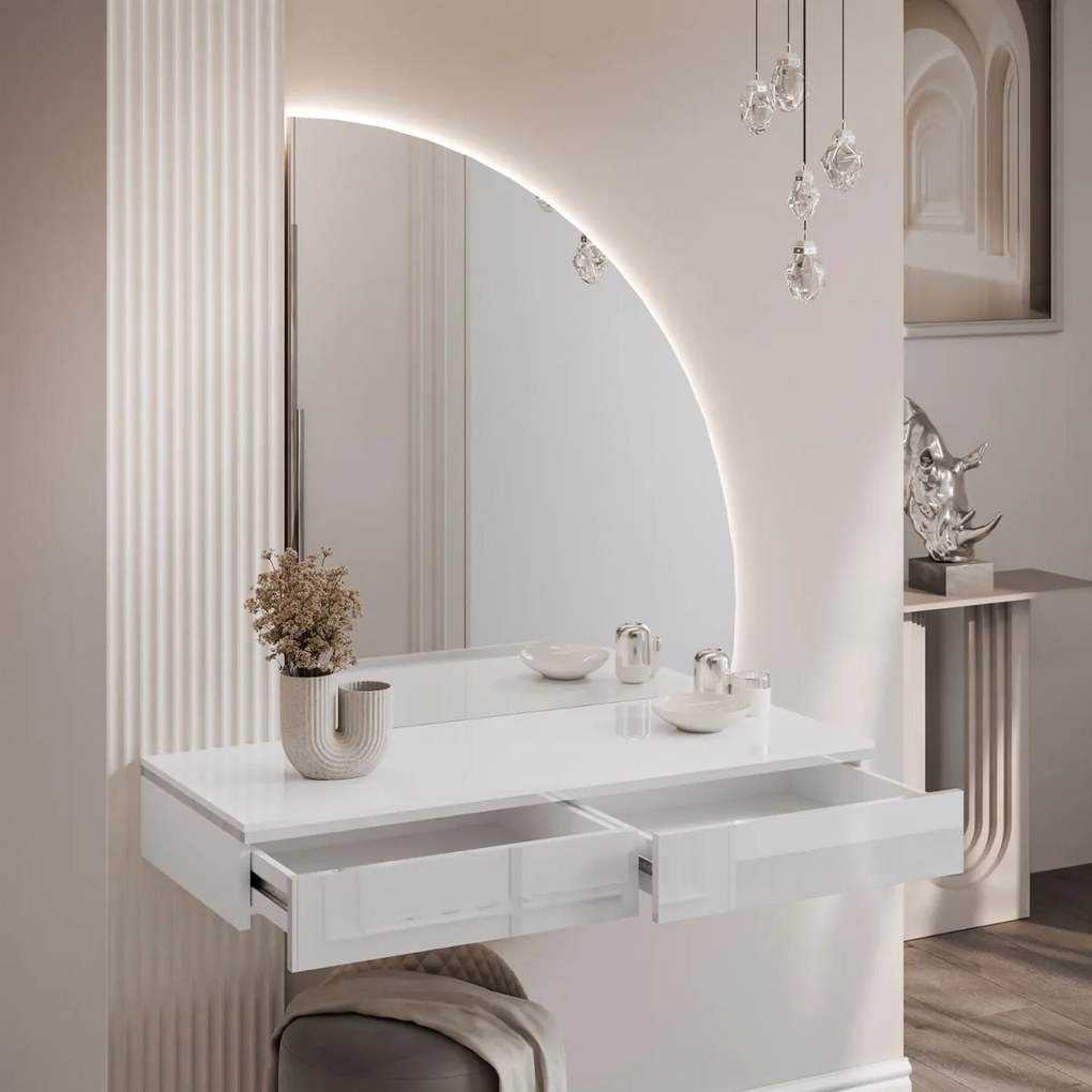 TOALETNÝ STOLÍK NESSIE BIELY LESK PRAVÝ + STRIEBORNÝ + ZRKADLO POLMESIAC