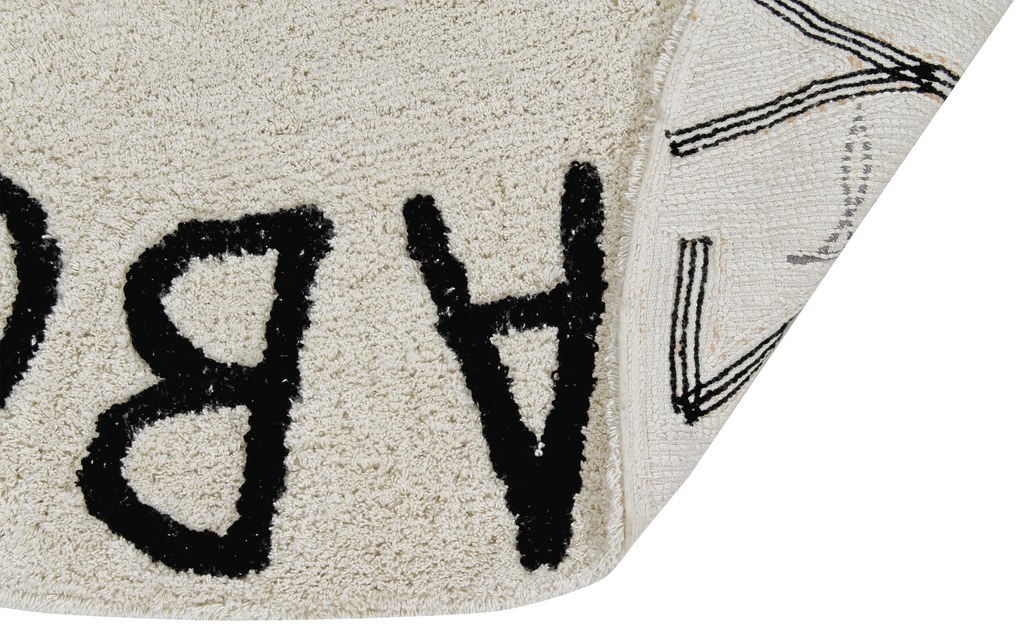Lorena Canals, Ručne tkaný kusový koberec Round ABC Natural-Black, 150x150 (priemer) kruh, biela, detská izba